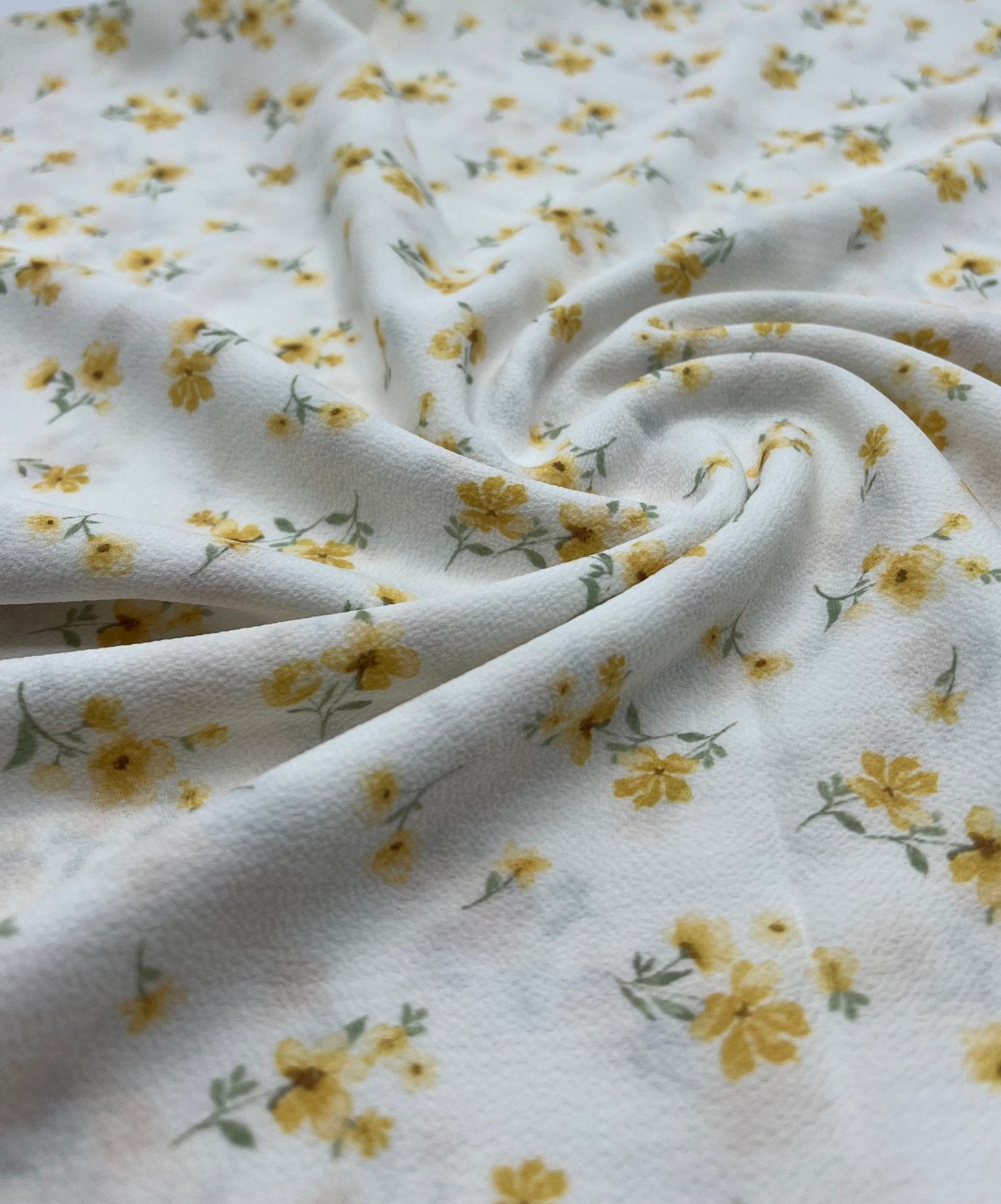 White Ditsy Yellow Floral Print Lightweight Bubble Crepe Fabric - T9 Fabrics
